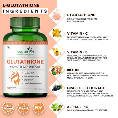 Simply Herbal L Glutathione 1000mg Capsules With Vitamin C & E for Immune Support, Healthy Radiant Skin Glowing, Antioxidant Support, Grape Seed Extract & Biotin - 60 Veg Capsules, 80 grams