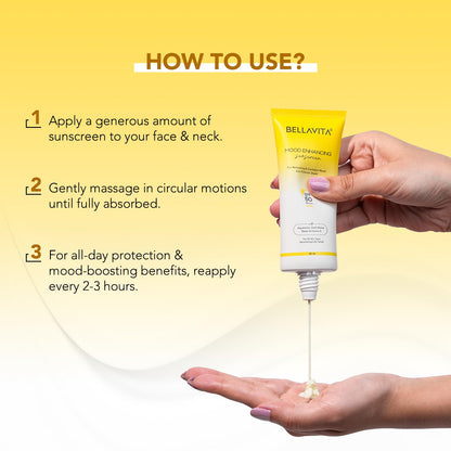 BELLAVITA Sunscreen SPF 50, Mood Enhancing Sunscreen, PA++++, Non-Greasy, No White Cast | Broad Spectrum & UVA+UVB Protection | For Men & Women- 50 ML