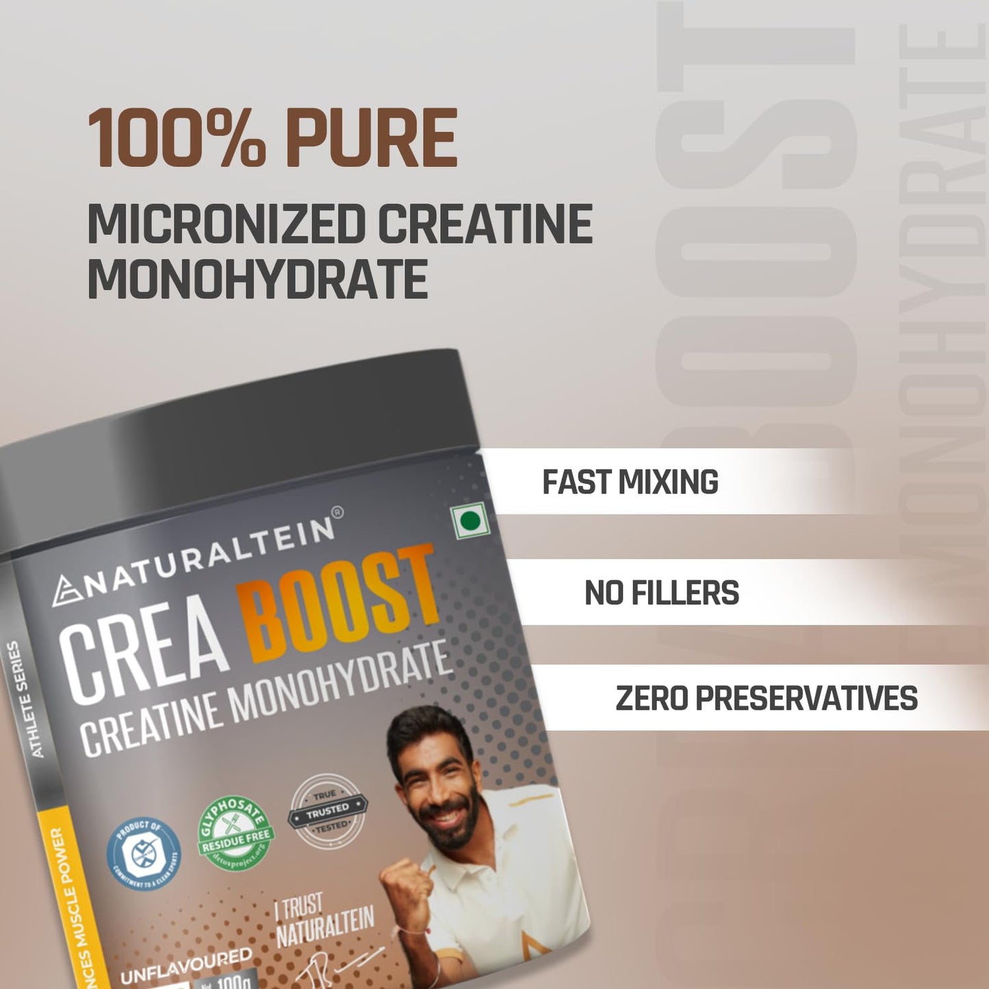 NATURALTEIN Creatine Monohydrate Unflavoured (100 Grams, 33 Servings)| Boosts Strength, Endurance & Muscle Recovery | No Fillers, No Preservatives|Fast Recovery|Increases Muscle Mass