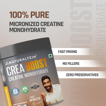 NATURALTEIN Creatine Monohydrate Unflavoured (100 Grams, 33 Servings)| Boosts Strength, Endurance & Muscle Recovery | No Fillers, No Preservatives|Fast Recovery|Increases Muscle Mass