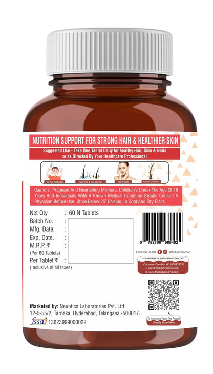 The Body Reserve Plant-Based Biotin Tablets - 60 Veg Tablets, Biotin from Sesbania Extract with Amla & Grapeseed - Supports Hair, Skin, and Nails - For Men & Women