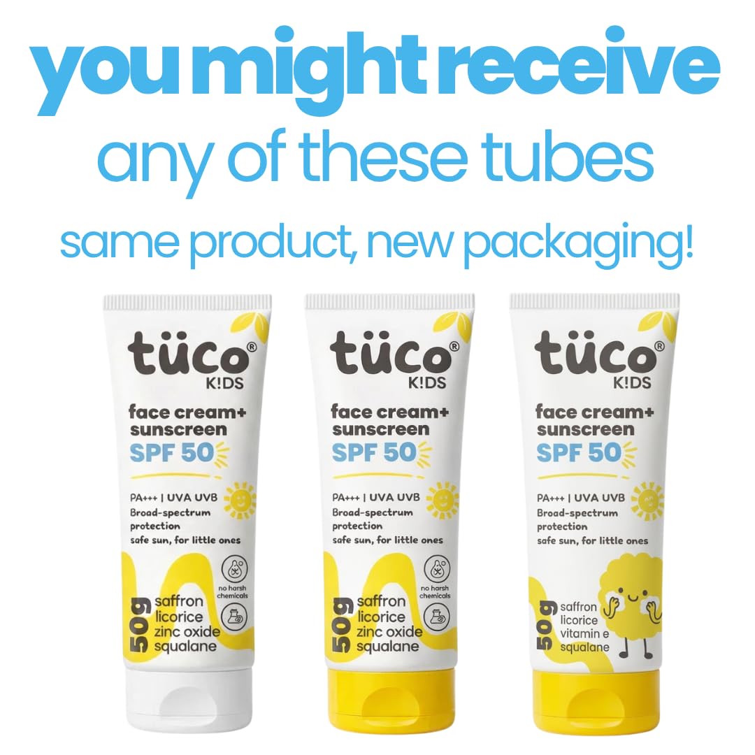 Tuco® Kids 2 in 1 Face Cream + Sunscreen SPF 50 with Saffron oil | UVA/UVB PA++++ | Broad Spectrum Protection | Benzophenone- 3 and Avobenzone Free | Ages 2-5, 5-10, 10-15 | 50gm