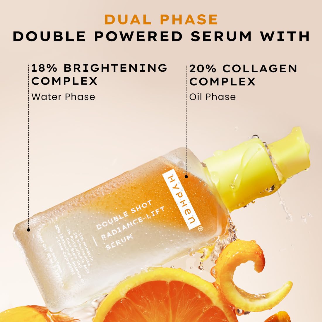 Hyphen 18% Brightening + 20% Collagen Face Serum | Double Shot Serum with 11% Mandarin 5% Niacinamide 2% PGA & Bakuchiol | Summer Skincare | Brightening, Hydrating & Collagen Boost for Dry Skin - 50ml