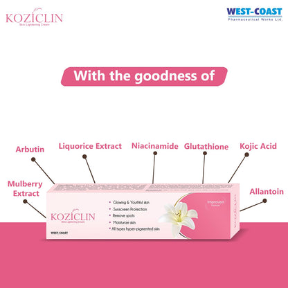 Koziclin Kojic Acid, Arbutin, Vitamin C, Glutathione & Niacinamide Skin Whitening & Lightening Cream| Brightening Face Cream for Glowing Skin, Removes Dark Spots, Tan & Pigmentation | Lightweight For Men & Women - 15 Gm