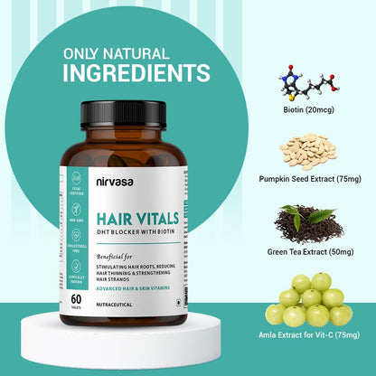 Nirvasa Hair Vitals DHT Blocker with Biotin (650mg) â€“ 60 Tablets | Supports Hair Growth, Strength & Thickness | Reduces Hair Fall & Breakage | With Beta-Sitosterol | For Men & Women