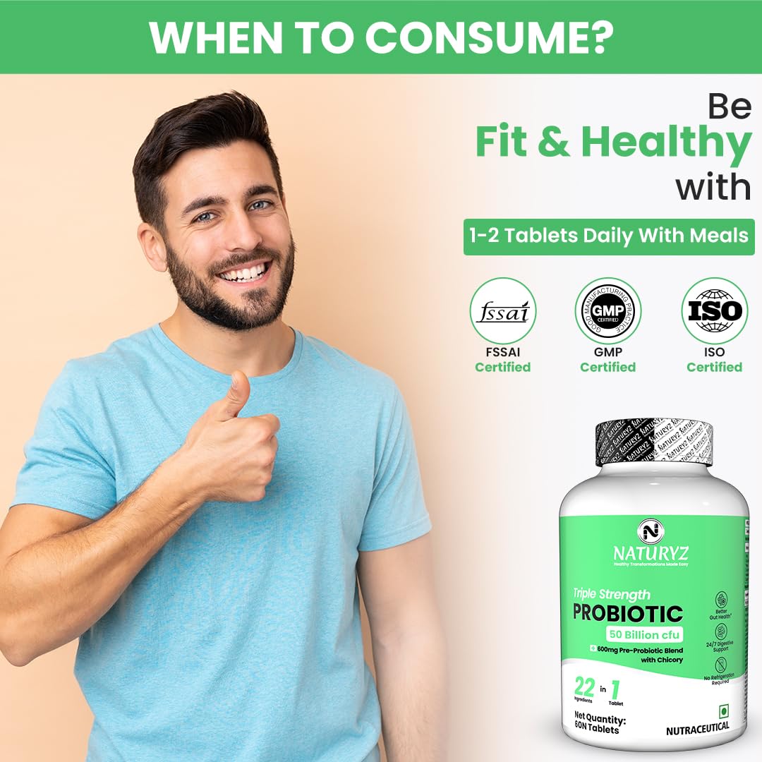 NATURYZ Triple Strength Probiotic 50 Billion CFU with Pre-Probiotic 600mg | Chicory Root | 22 Nutrients for Gut Health | Supports Digestion, Constipation, Gas & Bloating | No Refrigeration | 60 Tablets