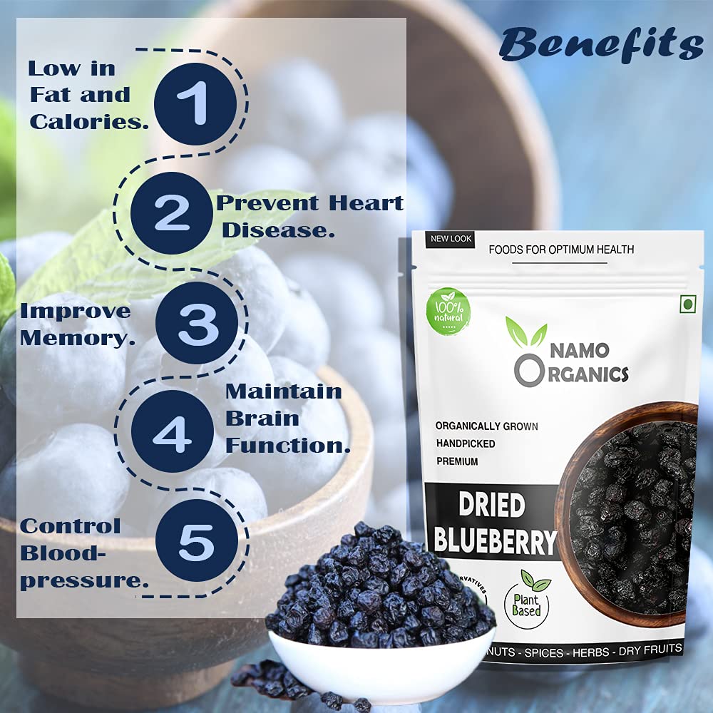 Namo Organics - Original No Refined Sugar Blueberry (Seedless) - 250 Gm - (Gluten Free, Fresh & NON GMO) Blueberries Dry Fruits blue berry | USA