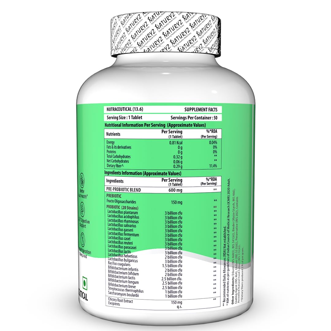 NATURYZ Triple Strength Probiotic 50 Billion CFU with Prebiotic 600 mg Chicory Root | 22 Nutrients for Gut Health | Supports Digestion, Constipation, Diarrhea, Gas & Bloating | No Refrigeration | 50 Tablets