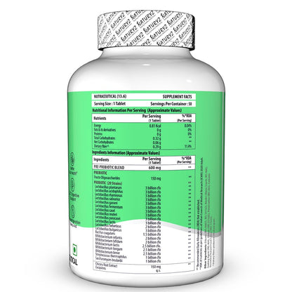 NATURYZ Triple Strength Probiotic 50 Billion CFU with Prebiotic 600 mg Chicory Root | 22 Nutrients for Gut Health | Supports Digestion, Constipation, Diarrhea, Gas & Bloating | No Refrigeration | 50 Tablets