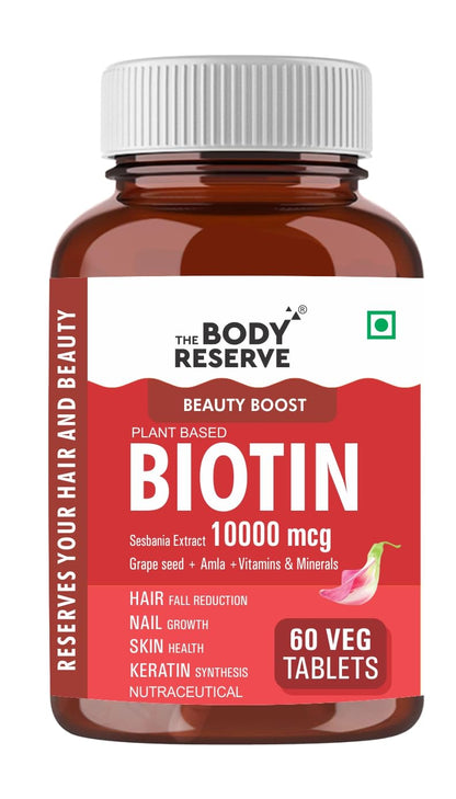 The Body Reserve Plant-Based Biotin Tablets - 60 Veg Tablets, Biotin from Sesbania Extract with Amla & Grapeseed - Supports Hair, Skin, and Nails - For Men & Women
