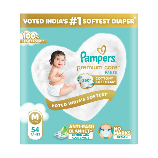 Pampers Premium Care Pant Style Baby Diapers M 54 Count | No Marks Design | Voted World #1 Softest Diaper | All in 1 diaper with 360 Cottony Softness