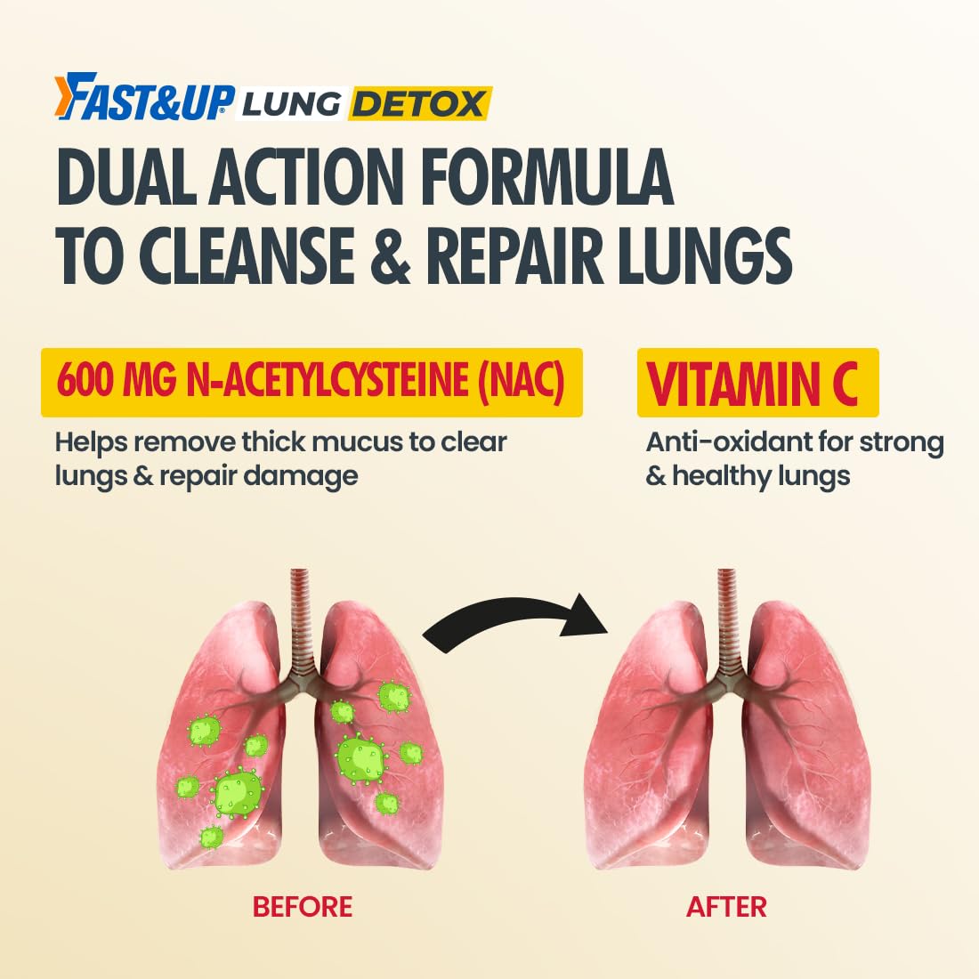 FAST&UP Detox Lung N-Acetylcysteine 600mg + Vitamin C - Lung Protective Supplement, 20 Tablets â€“ Respiratory & Lung Health - Strawberry Flavour