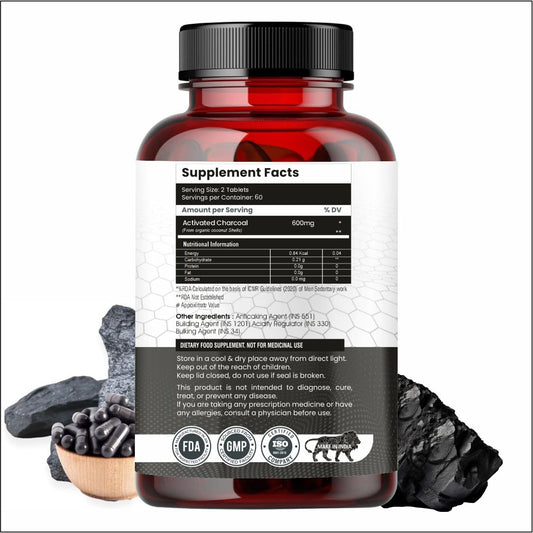 Activated Charcoal 600mg â€“ Natural Detox & Digestive Cleanser | Supports Bloating Relief & Gas | 120 Vegan Tablets