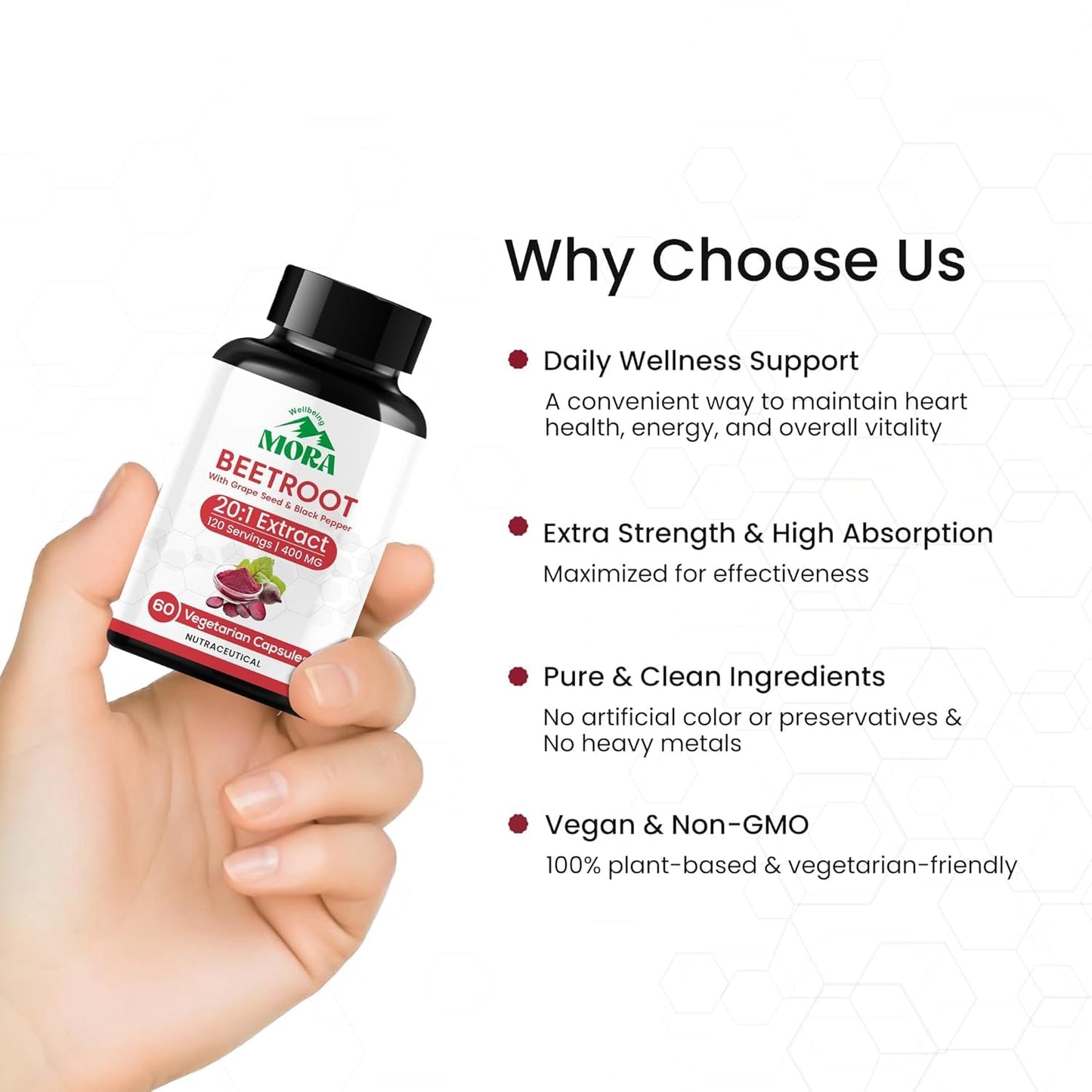 MORA Beetroot Capsules 20:1 Extract | Ayurvedic Beet Root Supplement with Grape Seed & Black Pepper Extract | Nitric Oxide, Blood Flow & Heart Health Support | For Energy, Stamina & Gym Performance | 60 Vegan Capsules