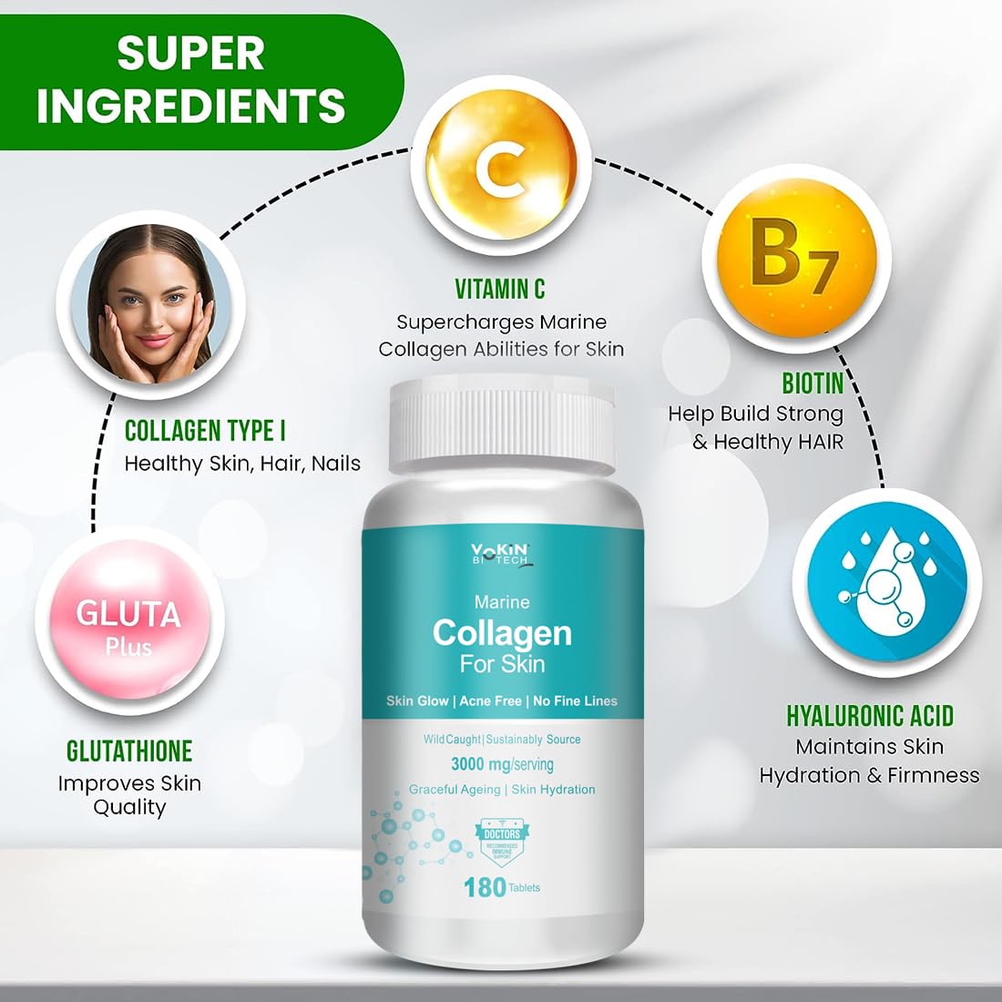 Vokin Biotech Marine Collagen 3000Mg With Biotin & Vitamin C For Skin|Hair|Nails (180 Tablets), 200 grams