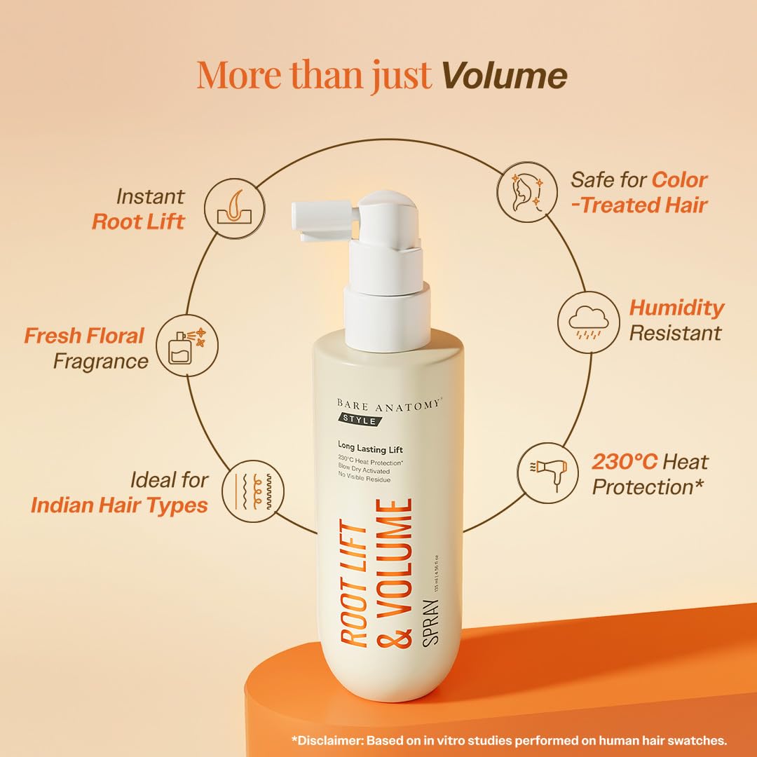 Bare Anatomy Root Lift & Volume Spray | Heat-Activated Hair Volumizer for Fine, Thin & Flat Hair | Instant Root Lift, Long-Lasting Body & Bounce | Humidity & Heat Resistant | 135ml