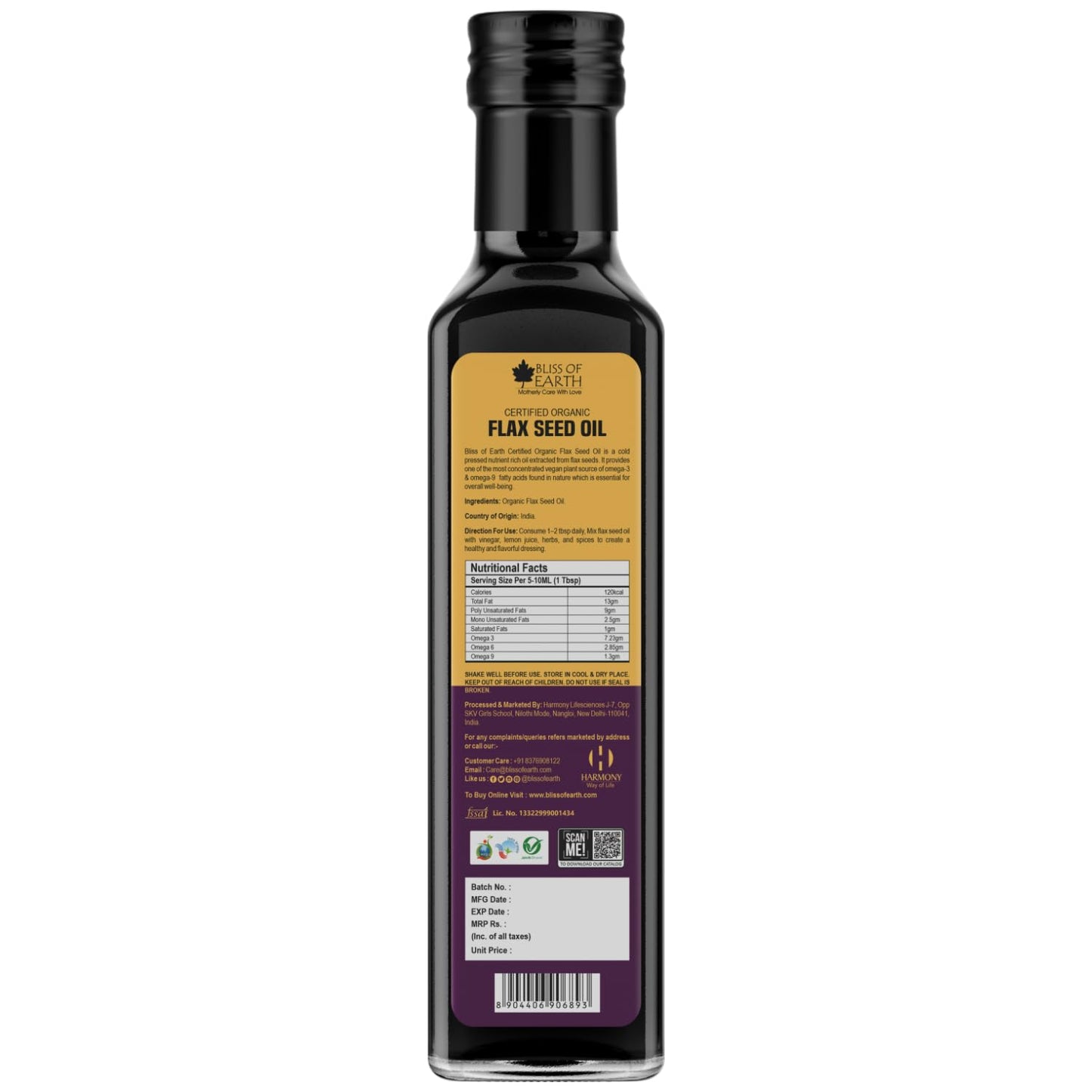 Bliss of Earth 500ML Certified Organic Flaxseed Oil for Eating & Hair, Cold Pressed & Hexane Free