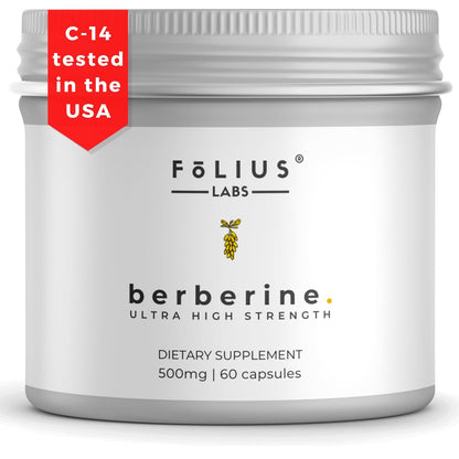 FOLIUS LABS Clean Label Berberine HCl 97% - Clinically Studied Ultra High Strength Pure Berberine Supplement 500mg - Support Blood Sugar, Lower Cholesterol, PCOS supplements - 60 Capsules
