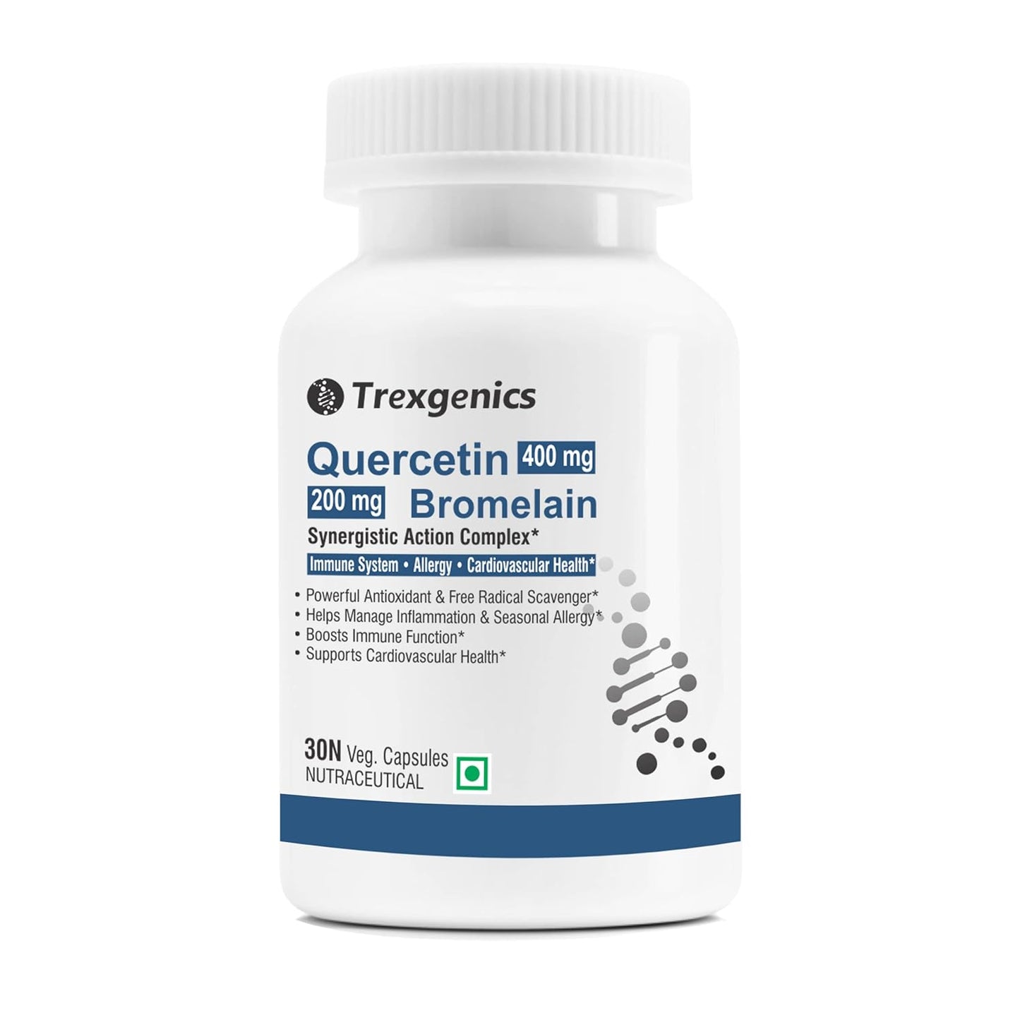 Trexgenics QUERCETIN 400 mg, BROMELAIN 200 mg Synergistic Action Respiratory Health, Immunity, Cardiovascular Health VEGAN & NON-GMO (30 Veg. Capsules) (Pack of 1)