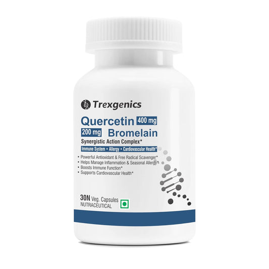Trexgenics QUERCETIN 400 mg, BROMELAIN 200 mg Synergistic Action Respiratory Health, Immunity, Cardiovascular Health VEGAN & NON-GMO (30 Veg. Capsules) (Pack of 1)