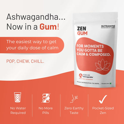 NUTRMITO Zen Gum KSM-66 Ashwagandha Chewing Gum, Strawberry Flavor, 40 Gums, Stress Management and Calm Support