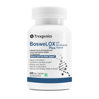 Trexgenics BOSWELOX PLUS Joint & Bone Dual Action with Boswellia Serrata 65% Boswellic acid 500mg + Cissus Quadrangularis (Hadjod) 5% Ketosterones 150 mg(60 Veg. Capsules) (Pack of 1)