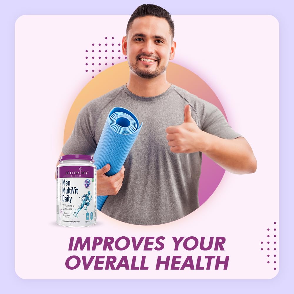 HealthyHey Nutrition Multivitamin For Men - Multi-Vit Daily - 13 Vitamins & 10 Minerals - 60 Vegetable Capsules,1 Count