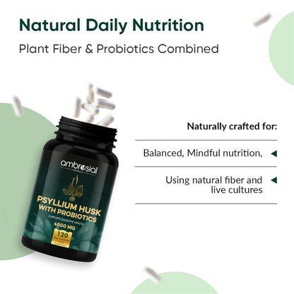 Ambrosial Psyllium Husk Capsules - 4000 MG with Probiotics: Detoxify and Revitalize Your Digestive System with Natural Fiber Support - 120 Vegan Capsules