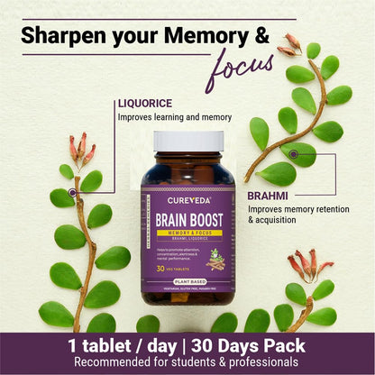 Cureveda Herbal Brain Boost Tablet for Brain & Memory Wellness | Extracted with Brahmi and Liquorice | Improves Learning, Memory Retention | Vegetarian | Gluten & Paraben Free (30 Tablets)