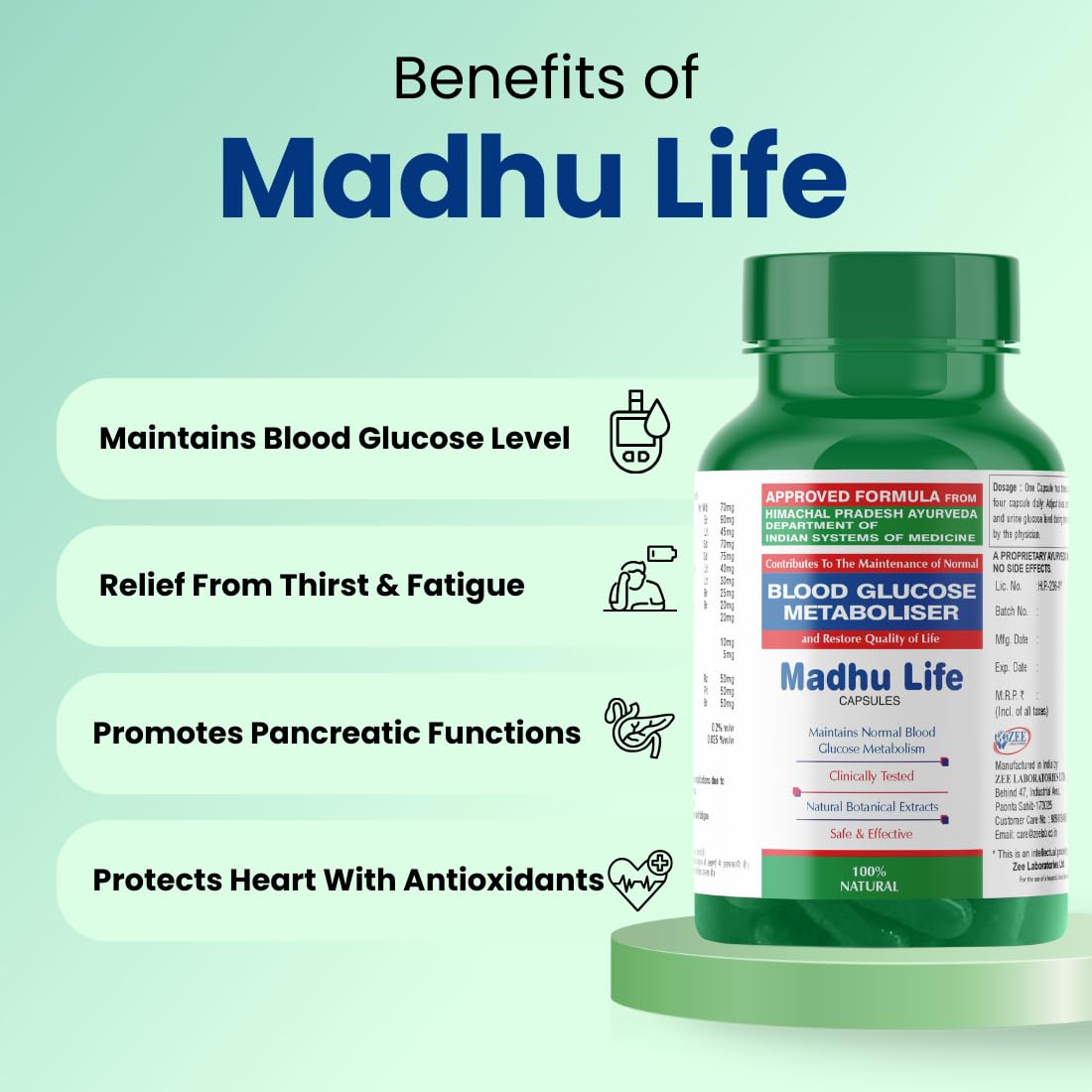 Zeelab Madhu Life Capsules â€“ Ayurvedic Herbal Supplement for Healthy Blood Sugar & Glucose Metabolism â€“ With Jamun, Karela, Methi, Neem, Gymnema, Shilajit & Arjun â€“ 100 Capsules