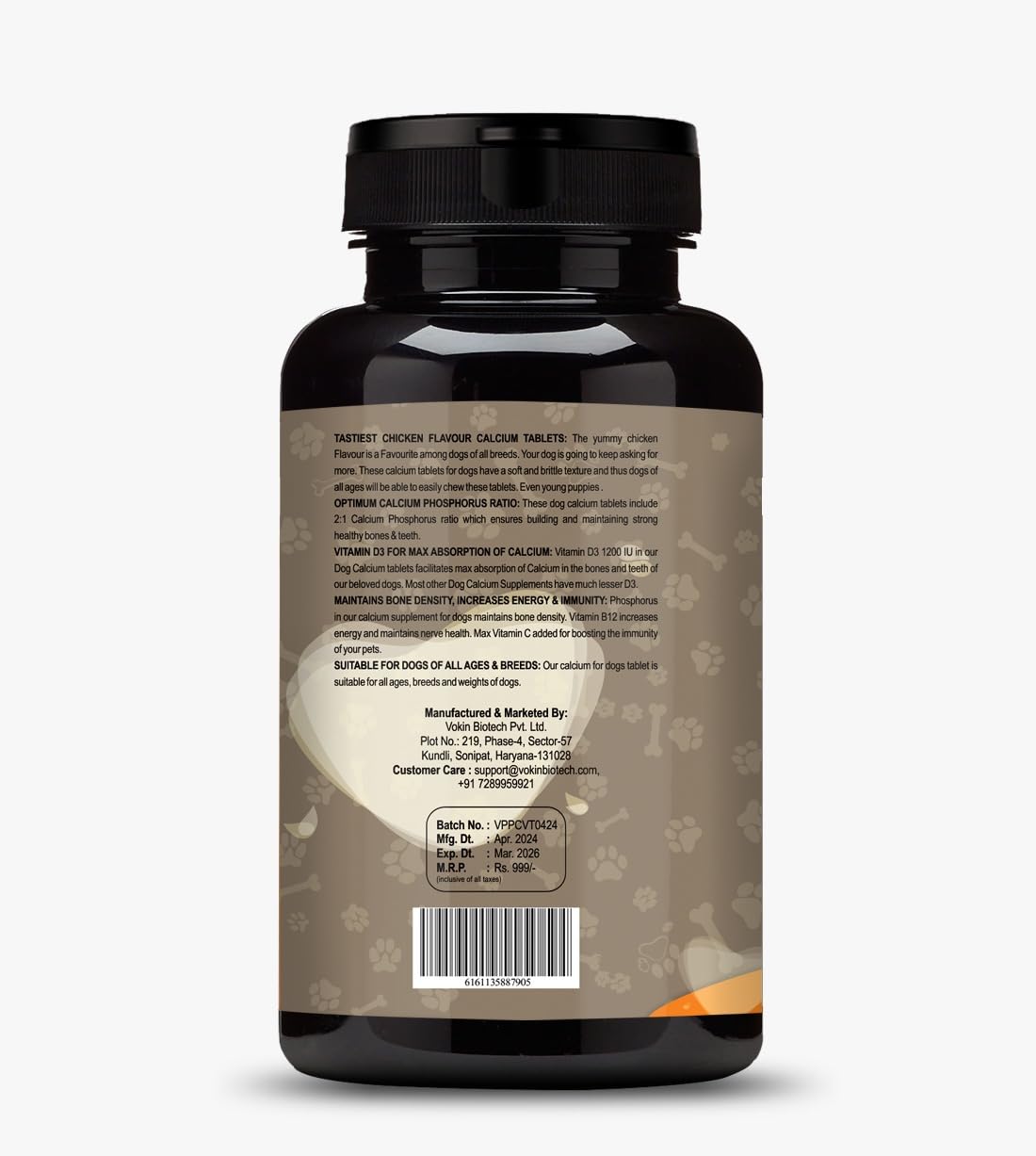 Chewable Calcium & Vitamin D3, B12 for Dogs Supplement Supports Bone Health & Immune System |Chicken Flavour -120 Tablets