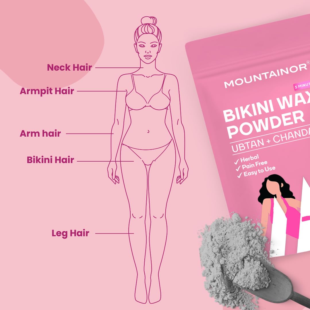 MOUNTAINOR Bikini Wax Powder, Painless Non Strips 10 Min for Women with Chandan & Aloevera | Herbal Hair Removal Easy to use at home, No Harmful Chemicals, No Irritation, No Skin Rashes - 100 gm