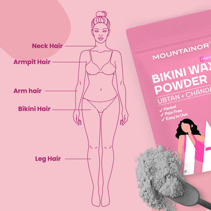 MOUNTAINOR Bikini Wax Powder, Painless Non Strips 10 Min for Women with Chandan & Aloevera | Herbal Hair Removal Easy to use at home, No Harmful Chemicals, No Irritation, No Skin Rashes - 100 gm