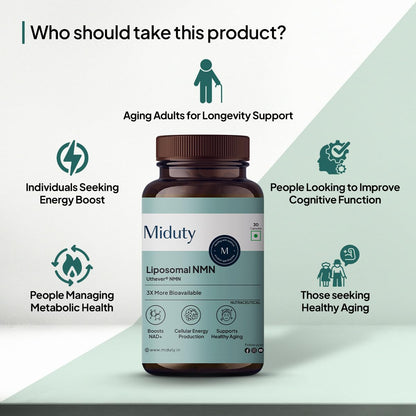 Miduty Liposomal NMN Supplement | Increase Energy levels, Metabolism & Longevity | Nicotinamide Mononucleotide for Anti-Aging, NAD+ Support & Cellular Health | NMN Capsules with Resveratrol | 30 Count