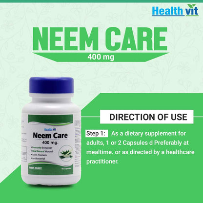 Healthvit Neem Care for Skin Care - 400 mg (60 Capsules, Neem Powder)