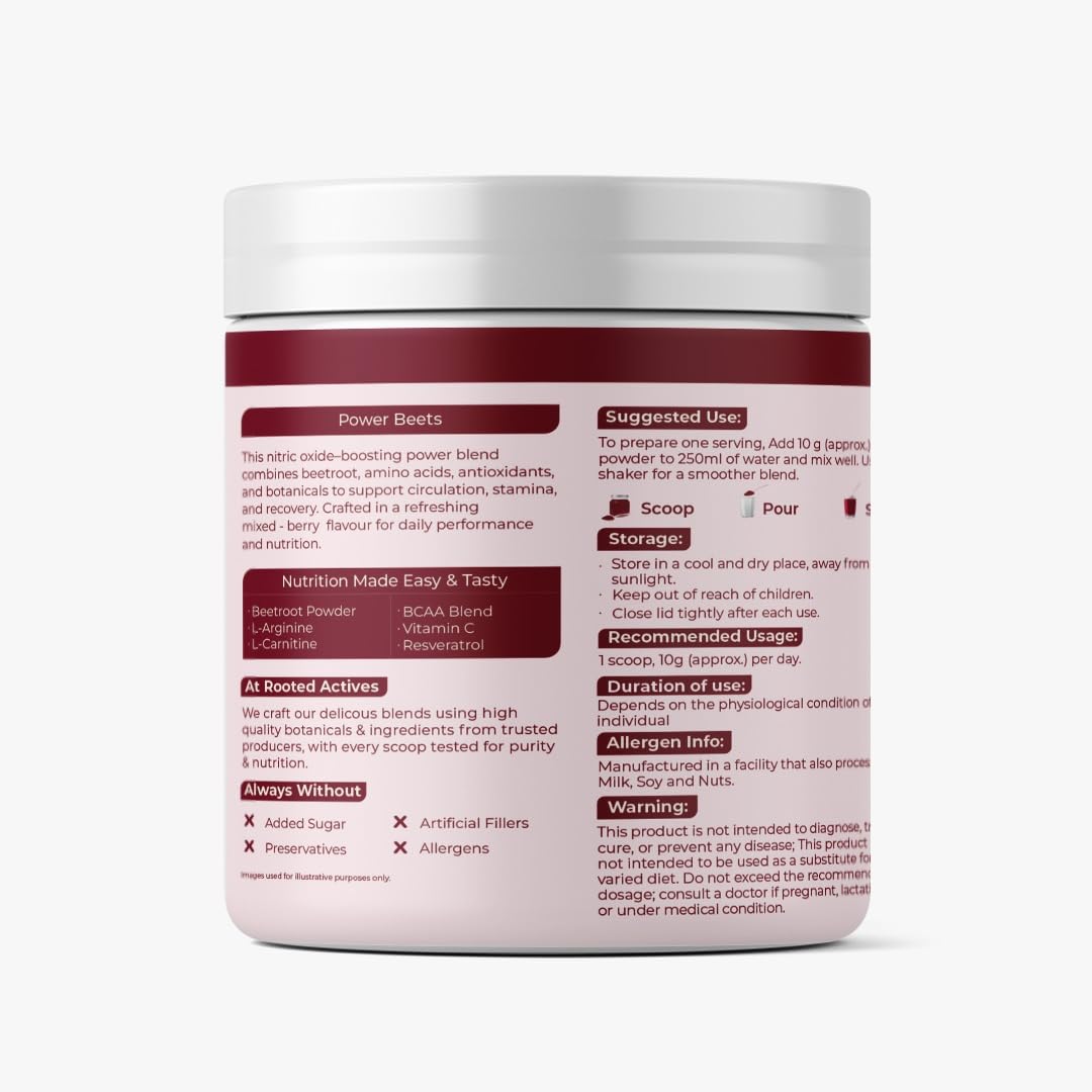 Rooted Actives Power Beets (250 grams) - Organic Beet root powder with L arginine,L Carnitine,BCAA,Reservatrol & Stevia|Heart,Endurance,Nitric oxide booster| Beets Powder Supplement & Pre Workout