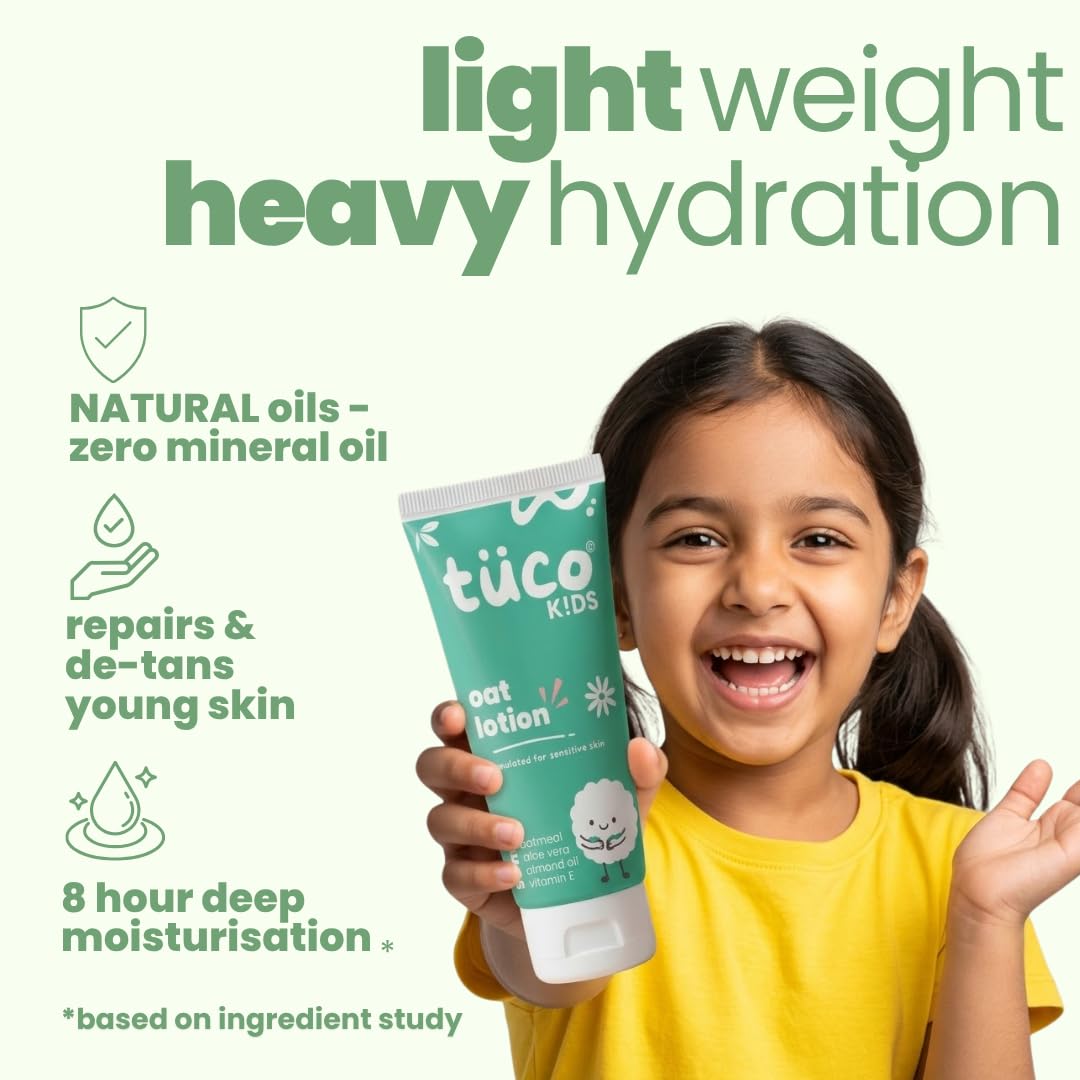 TucoÂ® Oat Body Lotion for Kids | 48Hrs Moisturization | 3-15 Yrs | Enriched with Vitamin E, Aloe Vera, Almond | Lightweight, Non-Greasy | All Skin Type | Dermat Tested | SLS & Paraben free | 50ml