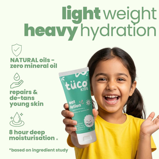 TucoÂ® Oat Body Lotion for Kids | 48Hrs Moisturization | 3-15 Yrs | Enriched with Vitamin E, Aloe Vera, Almond | Lightweight, Non-Greasy | All Skin Type | Dermat Tested | SLS & Paraben free | 50ml