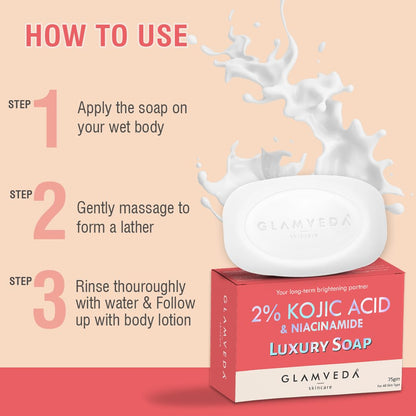 Glamveda 2% Kojic Acid Skin Lightening Soap with Niacinamide | For Dark Spots, Pigmentation & Sun Tanning | For Glass Skin | Clear Glow | All Skin Types | 75gm Pack of 1