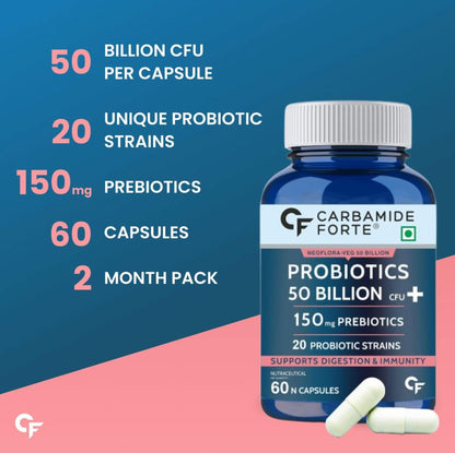Carbamide Forte Probiotics Supplement 50 Billion CFU Gut Health Supplements with Probiotic | Gut Cleanse with Prebiotics and Probiotics â€“ 60 Capsules