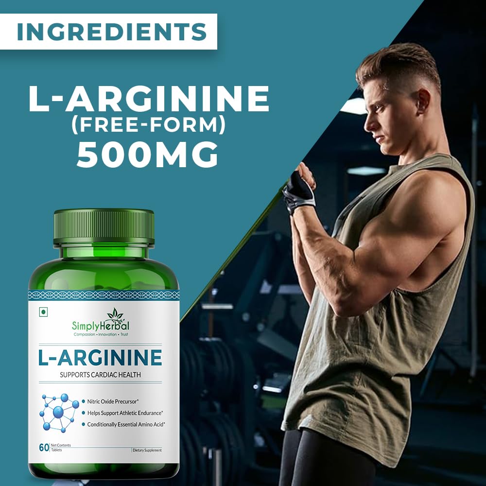 Simply Herbal L-Arginine Supplement 500 mg Pre- Post Workout For Men Women, Support Bone Muscle Building Amino Acid, Strength, Performance & Energy, Recovery, Immune System- 60 tablet