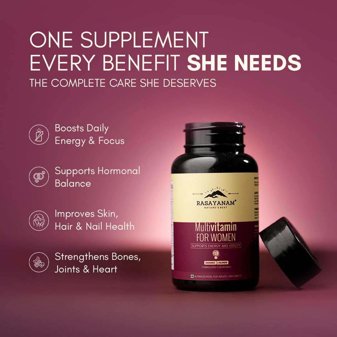 Rasayanam Multivitamin for Women | 55 Ingredients with 100% RDA of Essential Vitamins & Minerals | Energy, Hair, Skin, Hormonal, Bone & Immunity Support | Daily Multivitamin Tablets for Women With Collagen & Antioxidants Blend - 60 Tablets