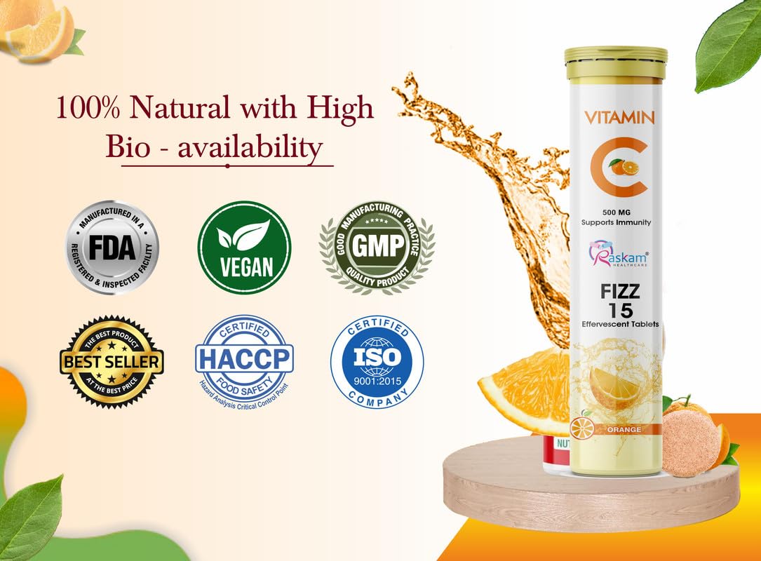 Vitamin C + Zinc, Fizz 15 Effervescent Tablets, Orange Flavour | 500mg (Pack of 1) | Supports Acne Free Skin for Women & Men | Rich in Antioxidants | Boosts Energy & Immunity