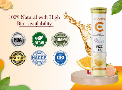 Vitamin C + Zinc, Fizz 15 Effervescent Tablets, Orange Flavour | 500mg (Pack of 1) | Supports Acne Free Skin for Women & Men | Rich in Antioxidants | Boosts Energy & Immunity