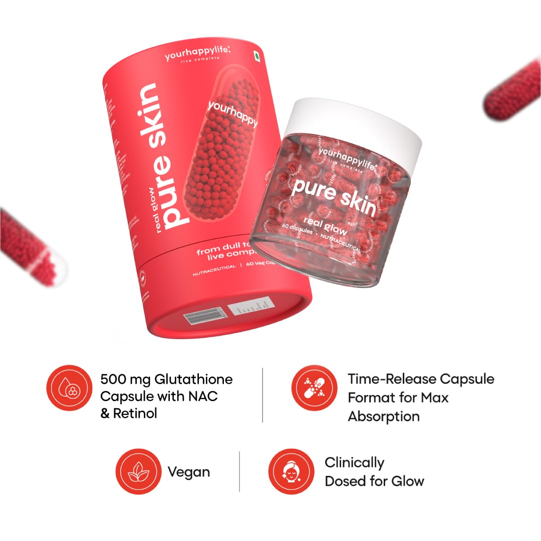 YourHappyLife Advanced L-Glutathione Glow-Up Skin Capsules with NAC for Brighter Clearer Skin & Pigmentation| with Retinol & Niacinamide (60 capsules)