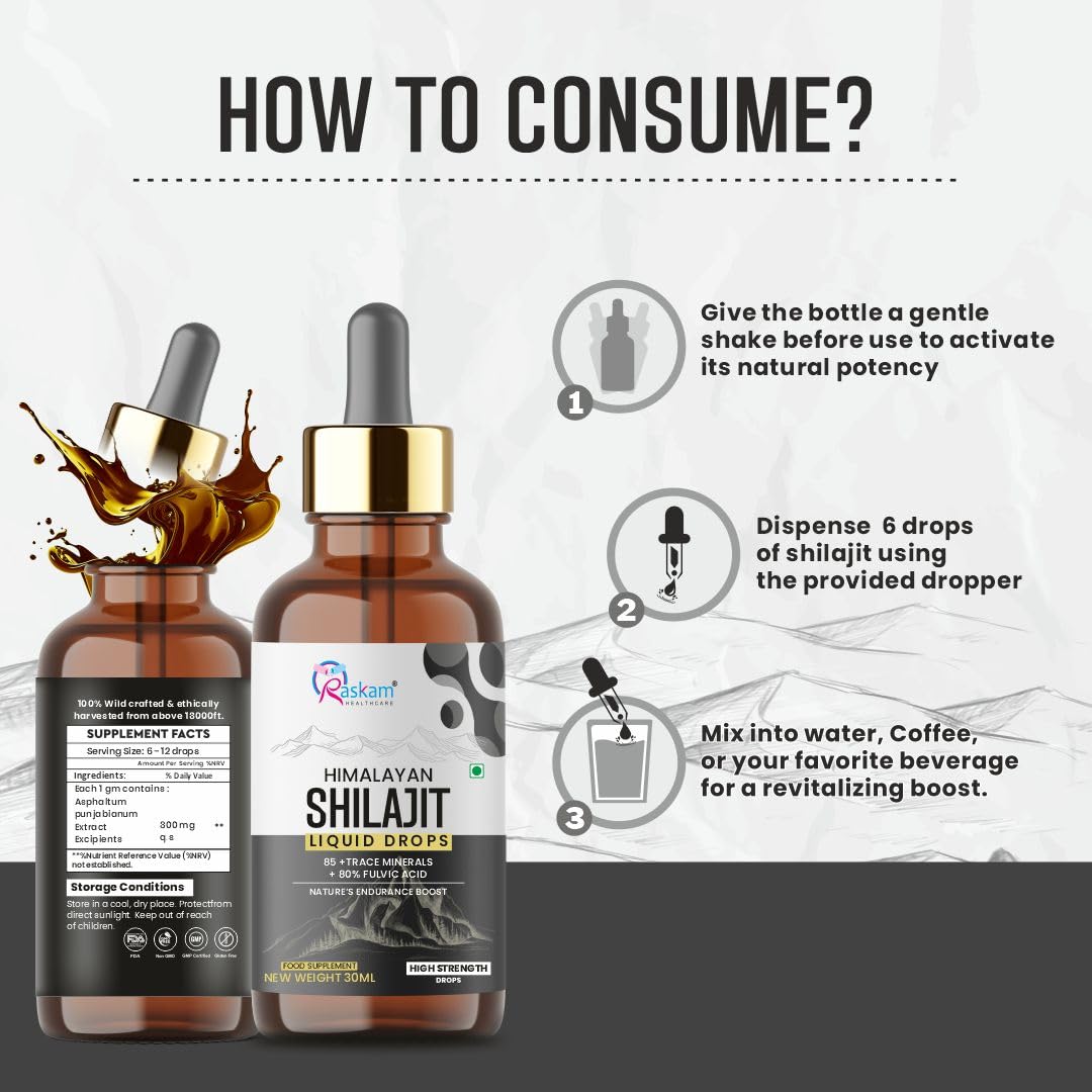 Pure Himalayan Shilajit liquid Drops - 30ml | Rich in Fulvic acid | Natural extract from Himalayas | 100% Pure Shilajit | Boosts Stamina And Energy | Boosts Stamina And Energy
