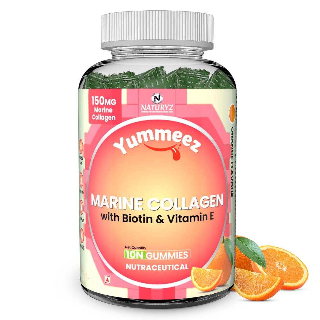 Naturyz Marine Collagen Gummies for Skin Health with Hyaluronic Acid, Vitamin C, Vitamin E & Biotin | Supports Skin Elasticity, Hydration & Glow | Easy-to-Absorb Collagen Gummy | No Added Sugar, Delicious Taste- 10 count (Orange Flavor)