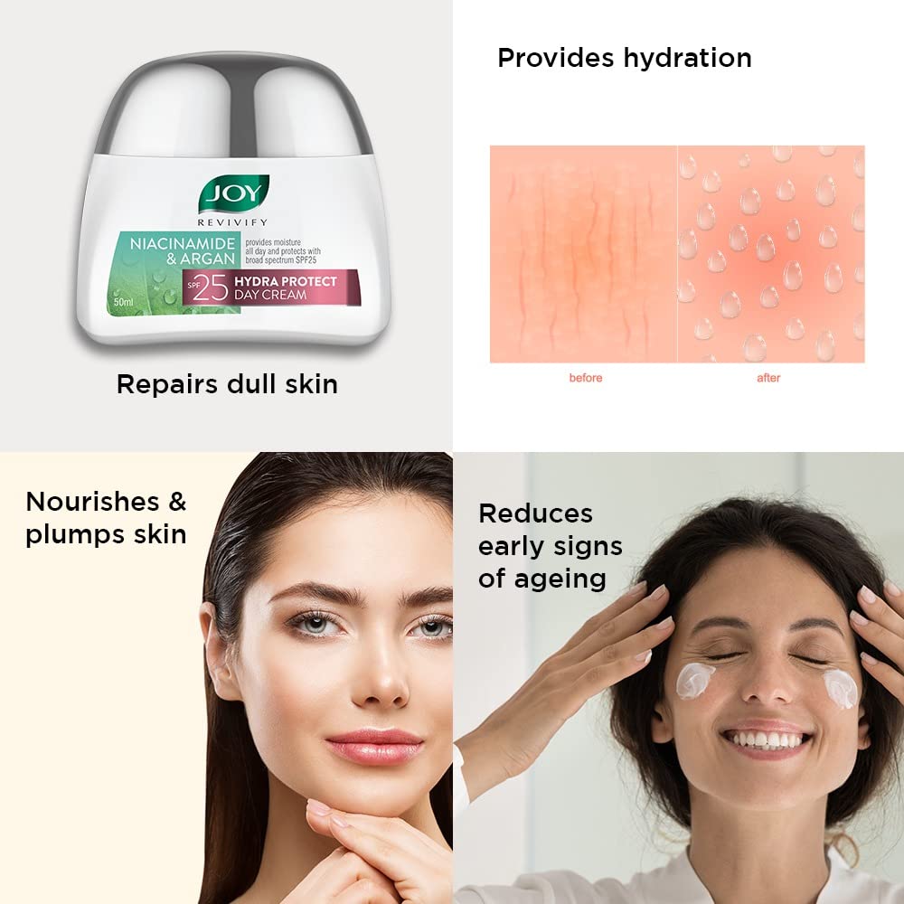 Joy Revivify Niacinamide & Argan Hydra Protect Day Cream SPF 25 |Face Moisturizer | Antioxidants & Multivitamins | UV Protection | Red Raspberry & Grapeseed |Aloe Vera Extracts â€“ 50 ml