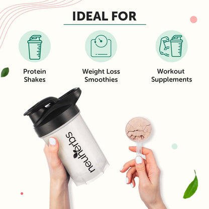 Neuherbs Plastic Gym Protein Shaker Bottle For Protein Shakes With Whisk Ball | Bpa Free| 100% Leak Proof | 400 Ml | Black & White Color, 400 milliliter