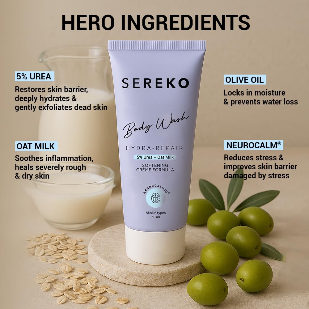 SEREKO 5% Urea & Oat Milk Body Wash 30ML | For Strawberry skin, De-tan, Body-acne| Body Wash for Men & Women | AHA BHA free, paraben free, SLS free | Gentle Exfoliating | Very dry & flaky skin